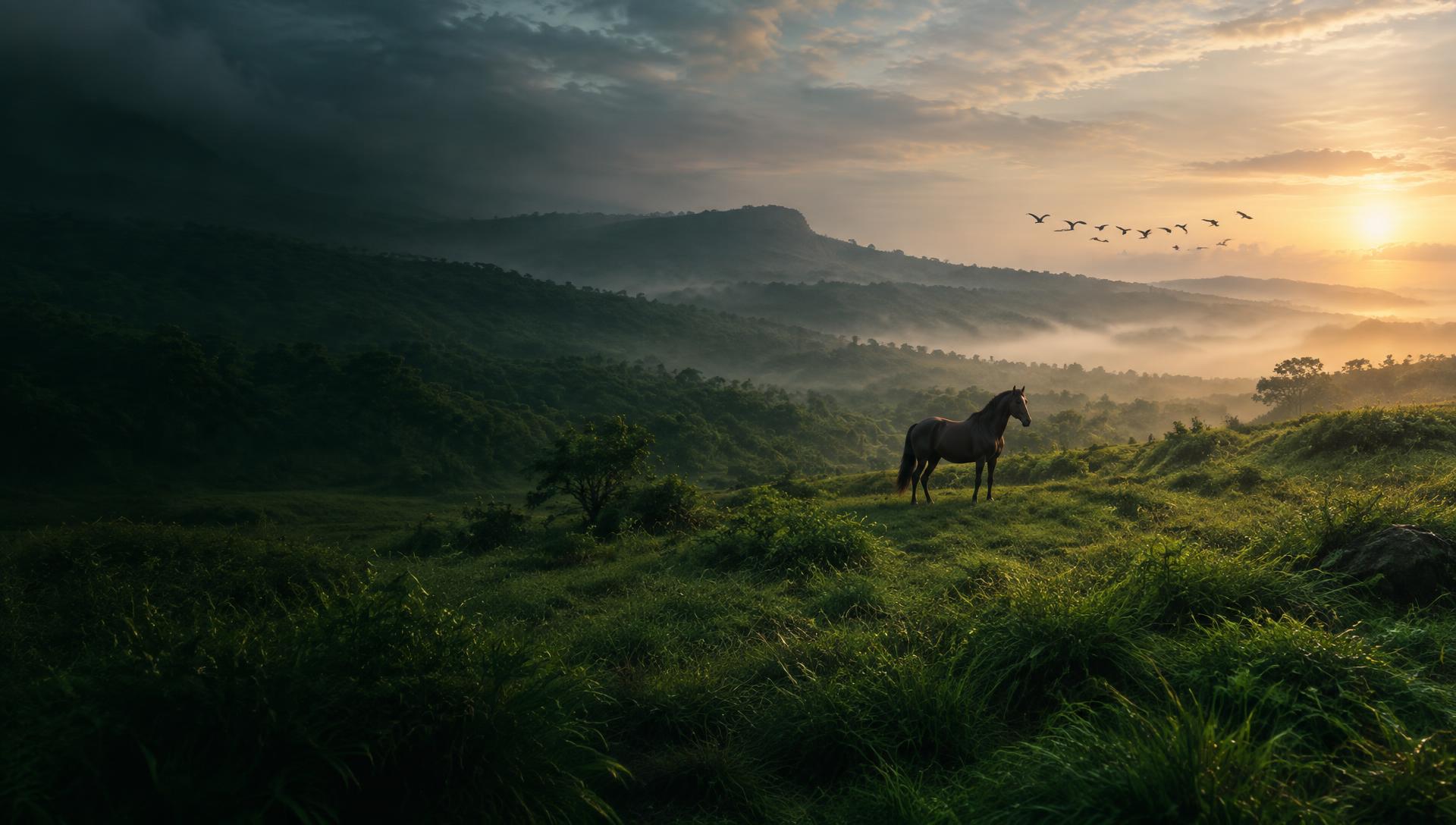 A horse standing in a lush green landscape as birds cross the morning sky